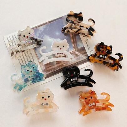 1pc Cute Cat Acetate Hair Clip, Rhinestone Embellished Girly Hair Claw Hair Accessory For Women,Hair Accessories,Claw Clips,Hair Jaw Clip,Hair Clutch Fall Winter For Vacation Outfits Woman