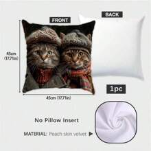 1pc Vintage Fashionable Cat Couple Design Pillow Case, Soft Polyester, 45x45cm - Zippered, Machine Washable Cushion Cover, Suitable For Sofa, Bed, Living Room Decor - Traditional Style, Vivid Pattern, Cat Decor - Multicolor - View 2