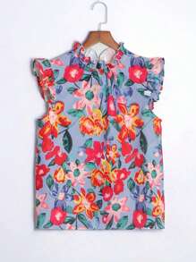 LUNE Spring/Summer 2025 New Fashionable French Style Women Blouse, Ruffle Collar, Camisole, Ruffle Hem, All-Over Floral Print, Back-To-School, American Long Shirt, Teacher Attire, 70s Style, Commute, Minimalist, Office Wear, Retro, Simple, French, Spring/Summer Top, Vintage Banker's Style Shirt, Round Neck, Ruffle Sleeve, Women Casual Sleeveless Floral Shirt, Suitable For Outerwear
