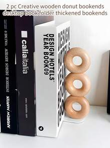2 Pcs Creative Wooden Donut Bookends, Desktop Book Folder Thickened Bookends - Brown - View 2