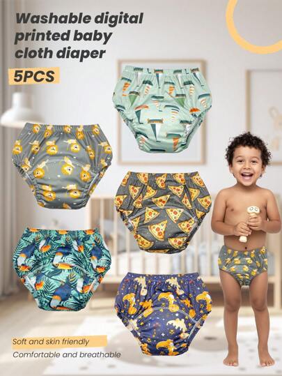 Set de 5 pantalones de entrenamiento reutilizables impresos digitalmente para bebés y niños pequeños, ropa interior lavable para el entrenamiento del baño para niños y niñas