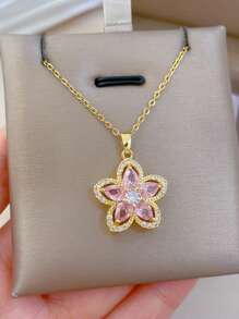 1 Set de collar y aretes de acero inoxidable con cadena y micropincelado de cobre, accesorios de joyería de lujo con rhinestones cuadrados personalizados para fiestas como regalo - Rosa - Ver 4