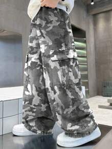 1st Jongens/Tieners Casual Camo Print Losse Cargo Broek, Multi-Zak Wijde Pijpen Broek, Buiten Oefening, Lente/Zomer/Herfst/Winter