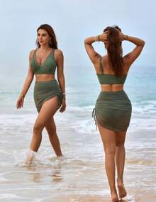 Womens Swim Skirt High Waisted Bikini Sets Tummy Control Swimsuits Mesh Sarong Wraps Bathing Suits - Army Green - View 4
