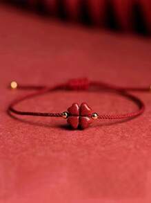 1件乡村民俗风心形幸运四叶草湿织红色脚链女款复古文艺风沙滩度假脚链女生幸运脚链送妈妈朋友礼物适合情侣佩戴 - 酒紅色 - 查看 2