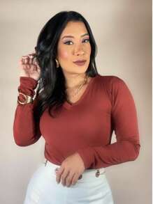 Basic Blouse - Long Sleeve V-Neck - Second Skin - Mid-Season - Mocha Brown - View 2