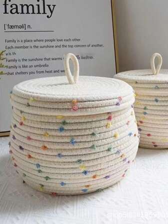 1 pieza Cesta de almacenamiento con tapa y estilo de cuerda con puntos, caja organizadora de escritorio, soporte para llaves y artículos varios, decoración del hogar