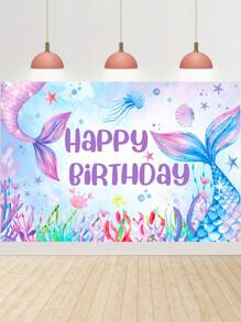 1pc Purple Mermaid Style Background Cloth,Purple Mermaid Tail Pattern Birthday Banner With "Happy Birthday", Background Cloth Perfect Decoration Birthday Party, Birthday Ceremony Family Holiday Party Room Wall Decoration, Outdoor Party Fence Decorations,Birthday Decor