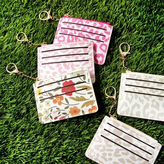 Fashionable PU Printed Mini Super Light Zipper Pocket Card Holder Wallet With Keychain, Multi Card Slots For Bank Card ID, Coin & Cash Storage, Travel Card Wallet, Gift For Fashionable Women, Holiday Gift, Valentine's Day Gift, Birthday Gift