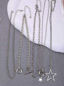 5 件 Y2K 复古哥特式朋克摇滚风格星形多层项链，女士百搭朋克星形颈链套装 - 銀色 - 查看 5