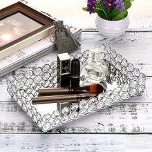 现代水晶镜面化妆托盘，小玻璃珠宝梳妆台托盘，香水架化妆品收纳托盘，珠宝，化妆品柜台，家居装饰旅行收纳盒 - 銀色 - 查看 6