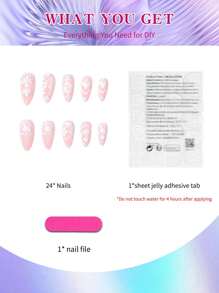 瞬间升级你的美甲！24片杏仁形美甲贴纸，简约粉色花卉系列，持久完美贴合，包含1个指甲锉和1瓶啫喱，专为女性和女孩设计。 - 彩色 - 查看 5