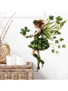 1pc Home Decorations Mid-Century Modern Fairy And Butterflies Wall Decals - PVC Self-Adhesive Fantasy Themed Cartoon Wall Stickers For Living Room Bedroom Decor - Single Use, Mid-Century Fantasy Wall Art Decorations, Vinyl Decal For Home Decorations, Wall Decoration Items Refresh Your Home - Dark Green - View 11