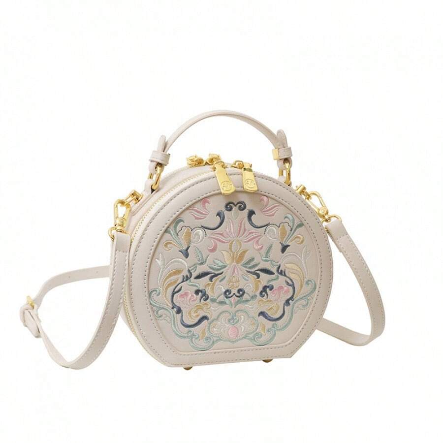 Delicate Embroidery Graphic Round Shoulder Bag Fashion Literary Commuter Party Handbag - White - View 1