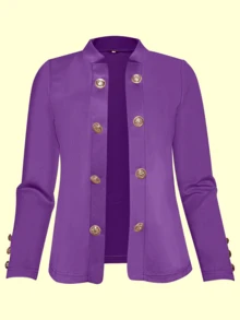 Women Spring & Autumn Casual Solid Button Down Thin Long Sleeve Jacket - Purple - View 2