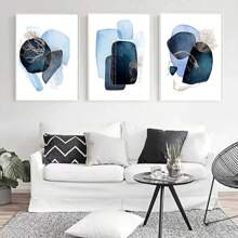 3 PIEZAS Arte de pared abstracto azul minimalista moderno, lienzos decorativos, pinturas colgantes con formas geométricas y elementos naturales, para decoración de sala de estar, dormitorio y hogar, sin marco