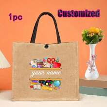 Regalo personalizado para maestros con impresión de nombre personalizado | Conjunto de bolsa de compras reutilizable de lino caqui y yute, y billetera | Detalles en metal negro para la Semana de la Enfermera/Día de la Madre/Apreciación a Maestros | Bolso multiuso para la playa y organizador de viaje