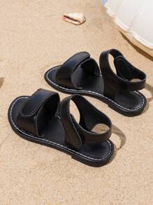 1 Pair Kids Summer Adjustable Hook&Loop Flat Casual Sandals, Fashionable Outdoor Beach Shoes - Black - View 5