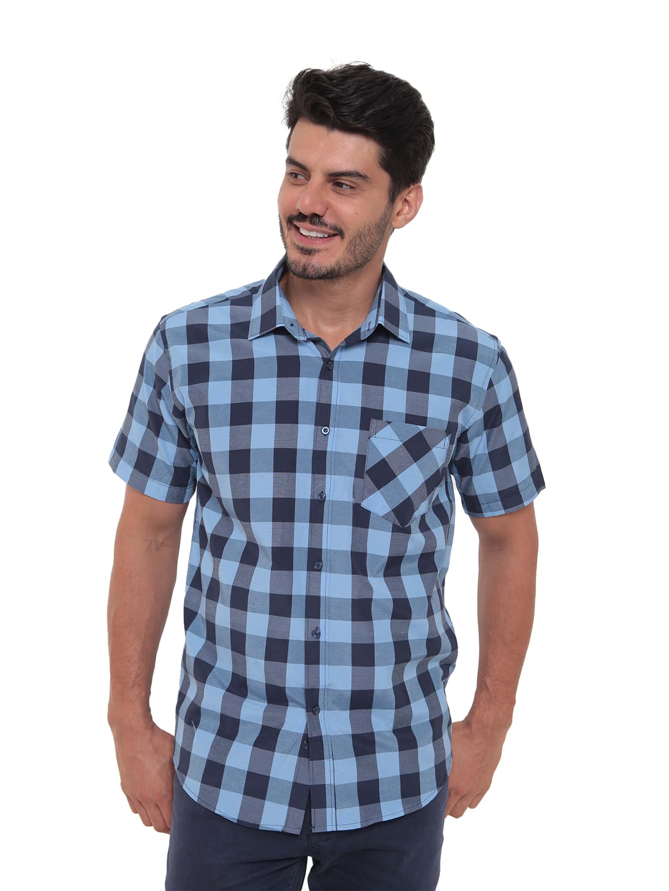 Rand paul Men's Plaid Shirt Casual Slim Fit Short Sleeve With Pockets Imported - Màu xanh lam - Xem 1