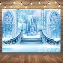 1 件城堡背景冬季仙境冰城堡摄影背景，蓝色冰花冬季景观适合公主洗礼生日派对 - 多色 - 查看 2