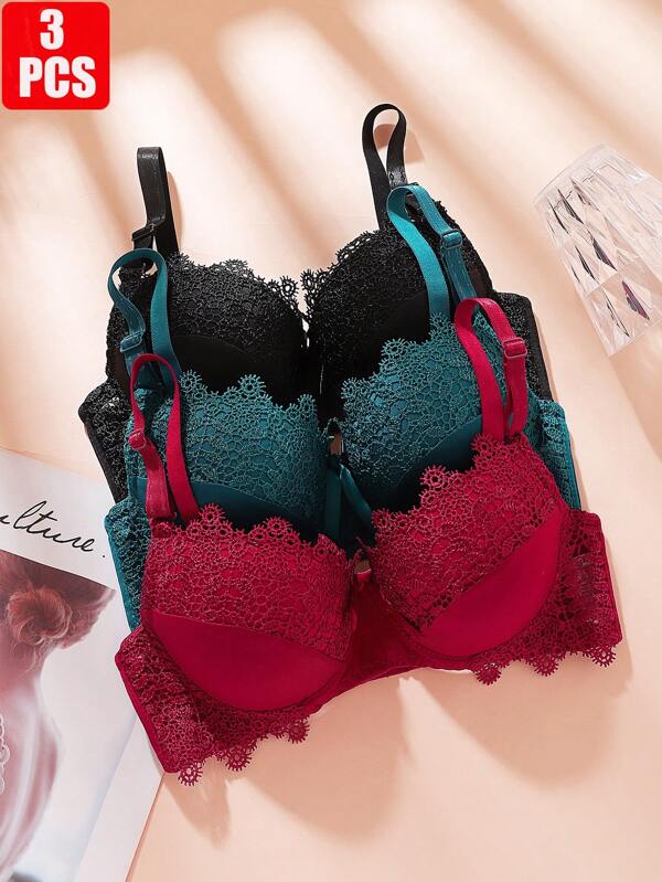 Conjunto de sutiãs 3 peças de renda patchwork cor sólida sexy push-up copo B/C, estilo francês elegante sutiãs com aro feminino