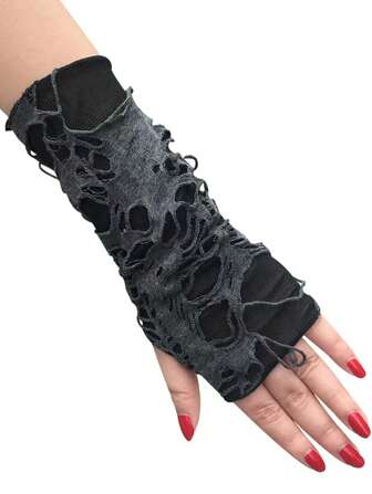 1 Pair Solid Color Fingerless Gloves, Distressed Streetwear Style, Suitable For Street Performance, Sports Year-Round