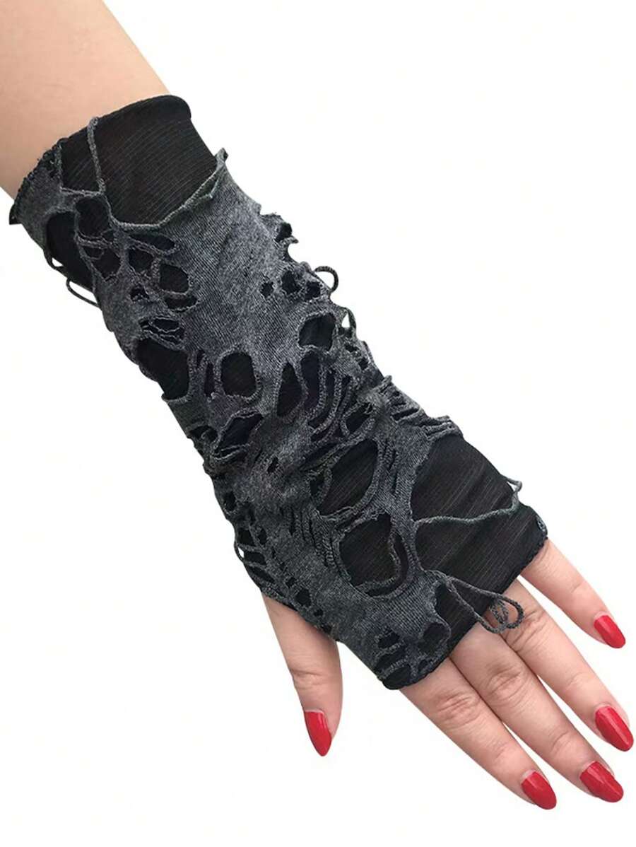 1 Pair Solid Color Fingerless Gloves, Distressed Streetwear Style, Suitable For Street Performance, Sports Year-Round - Multicolor - View 1