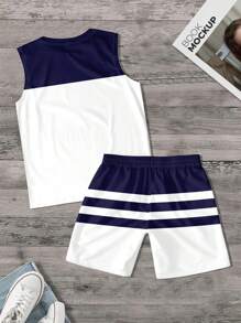 新款男士锚图案印花圆领上衣和短裤套装 - 时尚休闲透气 - 白色 - 查看 4