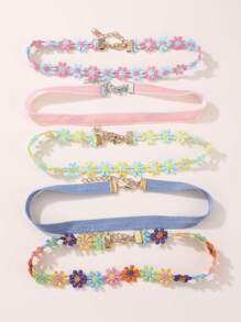 5 pièces Collier ras-du-cou en dentelle florale colorée pour filles, accessoire adorable pour un usage quotidien - Multicolore - Voir 1