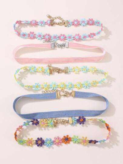 5pcs Colorful Floral Lace Choker Necklace For Girls, Adorable Daily Accessory