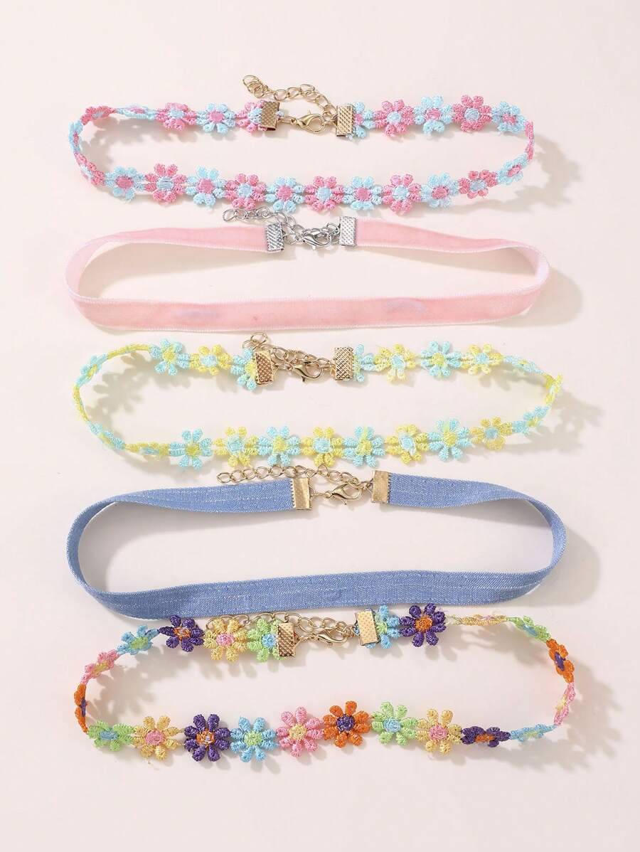 5 pièces Collier ras-du-cou en dentelle florale colorée pour filles, accessoire adorable pour un usage quotidien - Multicolore - Voir 1