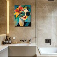 1pc Framed Canvas Wall Art Poster Abstract Digital Realism Bright Colors Unique A Woman With Sunglasses And A Flower In Her Hair Wall Art For Living Room Bedroom Bathroom Kitchen Apartment Hotel, Artful Home Decoration - Framed, Vertical