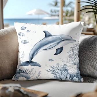 MEMNUN 1 件 17.7*17.7 英寸（45*45 厘米）涤纶装饰抱枕套，带水彩浅蓝色海豚印花图案，[单面印花]，适用于家庭、卧室、沙发、汽车装饰
