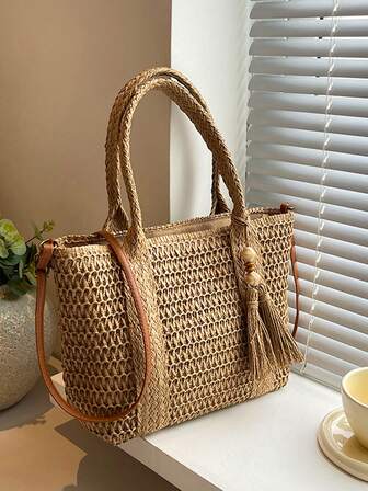 1 件女士休闲度假大容量手提包，流苏装饰吊坠，复古单肩包配肩带，适合女大学生、妈妈和办公室工作人员，创意时尚斜挎包