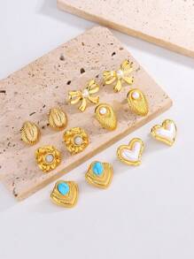 1 对/6 对心形不锈钢镀金环状耳环，简约耳环，奢华夏季配饰