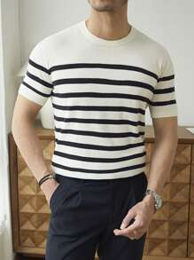 Men's Casual Black & White Striped Knit Short Sleeve T-Shirt - Black and White - View 6