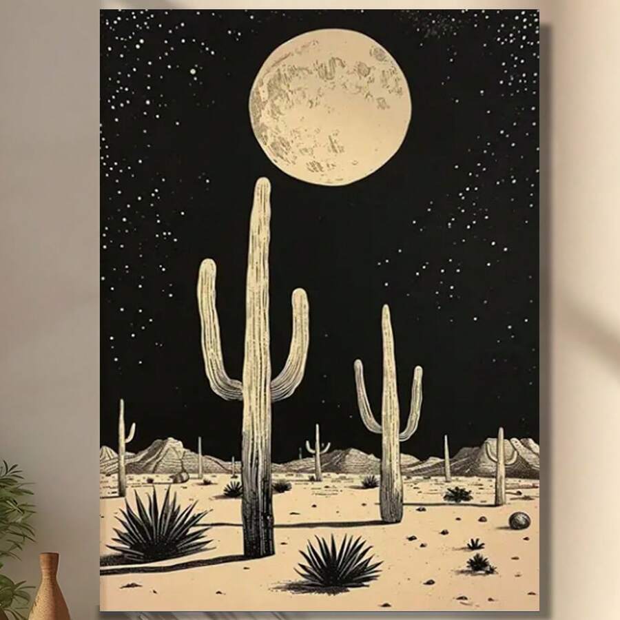 Framed  Modern Moonlit Canvas Art Classic Modern Retro Canvas Art Print - Moonlit Cactus Desert Landscape Wall Hanging Decor - Ink Artwork For Living Room, Bedroom, Bathroom, Dining Room -Spring Summer Themed Portrait Poster