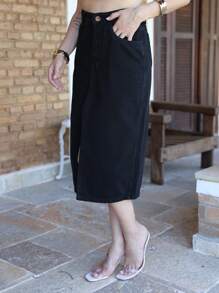 New Women's Slit Denim Skirt With Belt - 黑色 - 查看 5