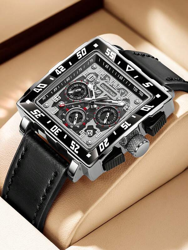 1 قطعة ساعة يد ضد الماء ومضيئة مع كرونوغراف وتقويم متعدد الوظائف بعقارب، إطار مربع ، سوار جلد PU مريح، طراز كلاسيكي بسيط عصري أنيق مناسب للرجال، آليّة، كوارتز، مناسبة لعيد الحب، المناسبات، المواعدة، الأعمال، هدية