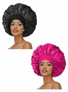 2 pezzi Cuffiette da donna di colore unito, con ampia tesa, in raso elastico, berretto da notte alla moda, comodo e morbido, traspirante, stile quotidiano per la cura dei capelli
