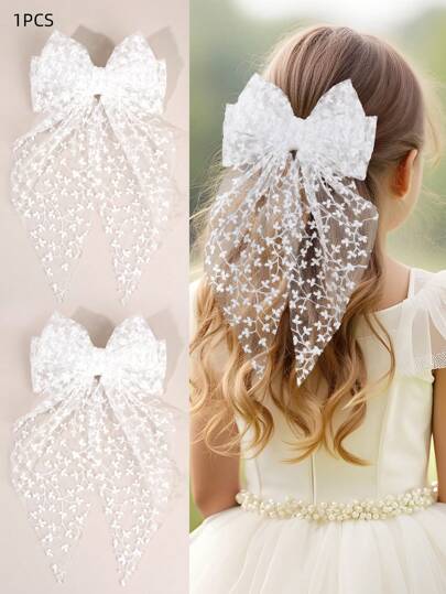 1pc White Long Tail Bow Hair Clip, Knitted Butterfly Hair Clip, Fashion Alligator Clip Hair Accessory, Gift For Girls, Wedding Hair Decor