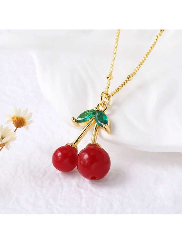 Fashion Niche Design Cherry Pendant Necklace, Zirconia Jewelry Gift For Women Daily Wear - Necklace - View 2