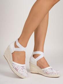 Women Comfortable Non-Slip Slip-On Cross Elastic Decor Vacation Style Beige Linen Rope Blue Wedge Platform Slip-On Shoes