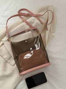 透明果冻托特包套装，女士休闲沙滩包，时尚百搭手提包，单肩斜挎包 - 粉色 - 查看 7