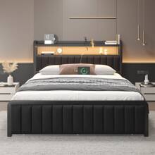 Bed Frame With Storage Headboard And LED Sensor Lights, Upholstered Headboard With Charging Station, Metal Platform Bed With Drawers, Noise-Free, Non-Slip, Black - Xem 1