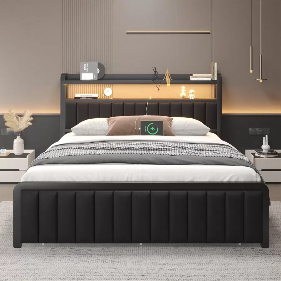 Bed Frame With Storage Headboard And LED Sensor Lights, Upholstered Headboard With Charging Station, Metal Platform Bed With Drawers, Noise-Free, Non-Slip, Black - Xem 1