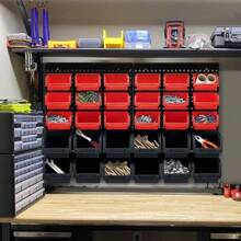 32Pcs Wall Mounted Storage Bins Backboard DIY Stackable Workshop Storage For Tools Hardwares Crafts 64 X 41cm Plastic Bin Panel Rack With Screws For Tool Shed Garage Workshop (Red+Black) - Red+Black - View 7