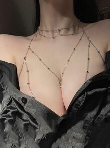 2pcs Women Sexy Body Chain Bikini Necklace Collarbone Chain Pendant Decoration Necklace Fashion Accessories, 1 Chest Chain + 1 Collarbone Chain For Rave - Multicolor - View 5