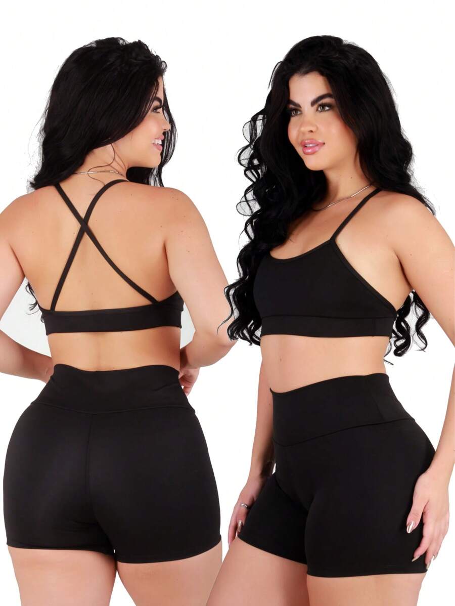 Work Fitness Kit 2 Set Of Backless Top With Cross Straps And Basic Premium Bermuda Shorts - Negro - Ver 1