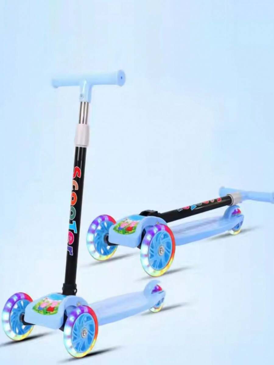 Scooter de 3 ruedas con altura ajustable, Patineta de empuje plegable con ruedas iluminadas, freno de pie en la rueda trasera - Azul - Ver 1